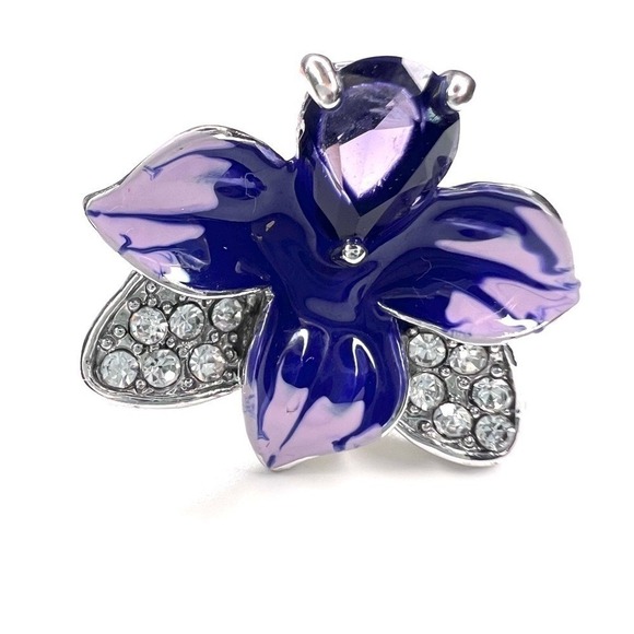 Jewelry - Sterling Silver Purple Orchid Flower Ring Enamel Rhinestone  Statement